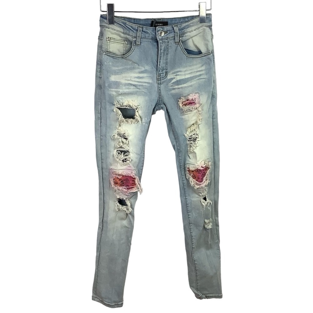 AMIRI PINK BANDANA PATCHWORK SKINNY JEANS